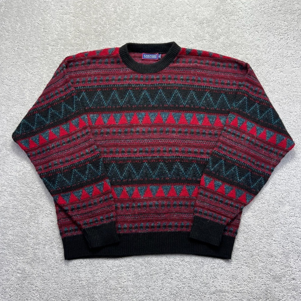 VINTAGE Carmel Collection Sweater Mens XL Red Black Geometric Knit Made in USA